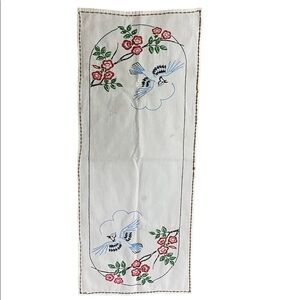 Vintage Table Runner Dresser Scarf Bluebird Floral Hand Embroidered Needlework